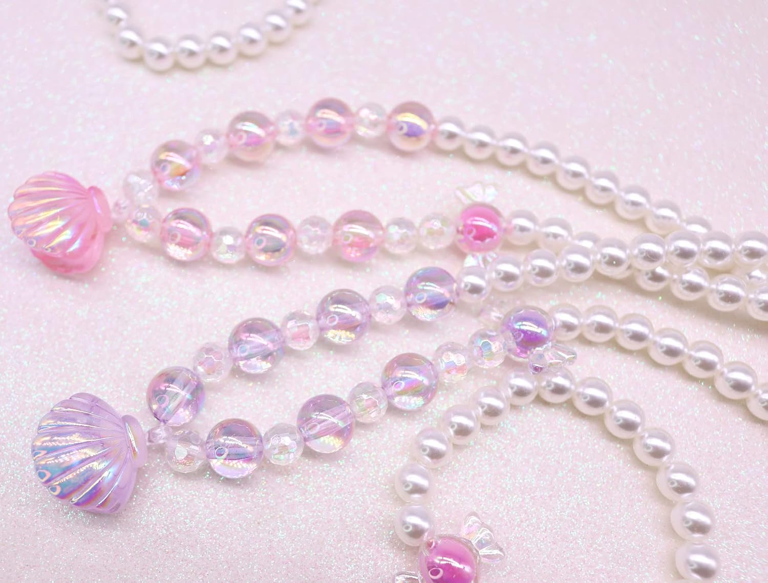 El Regalo 1 Pair Girls Kids Shiny Pearl Shell Princess Necklace & Bracelet Sets- Acrylic Shell Beads Oyster Pearl Princess Necklace Bracelet Jewelry Set for Girls Kids (Purple)