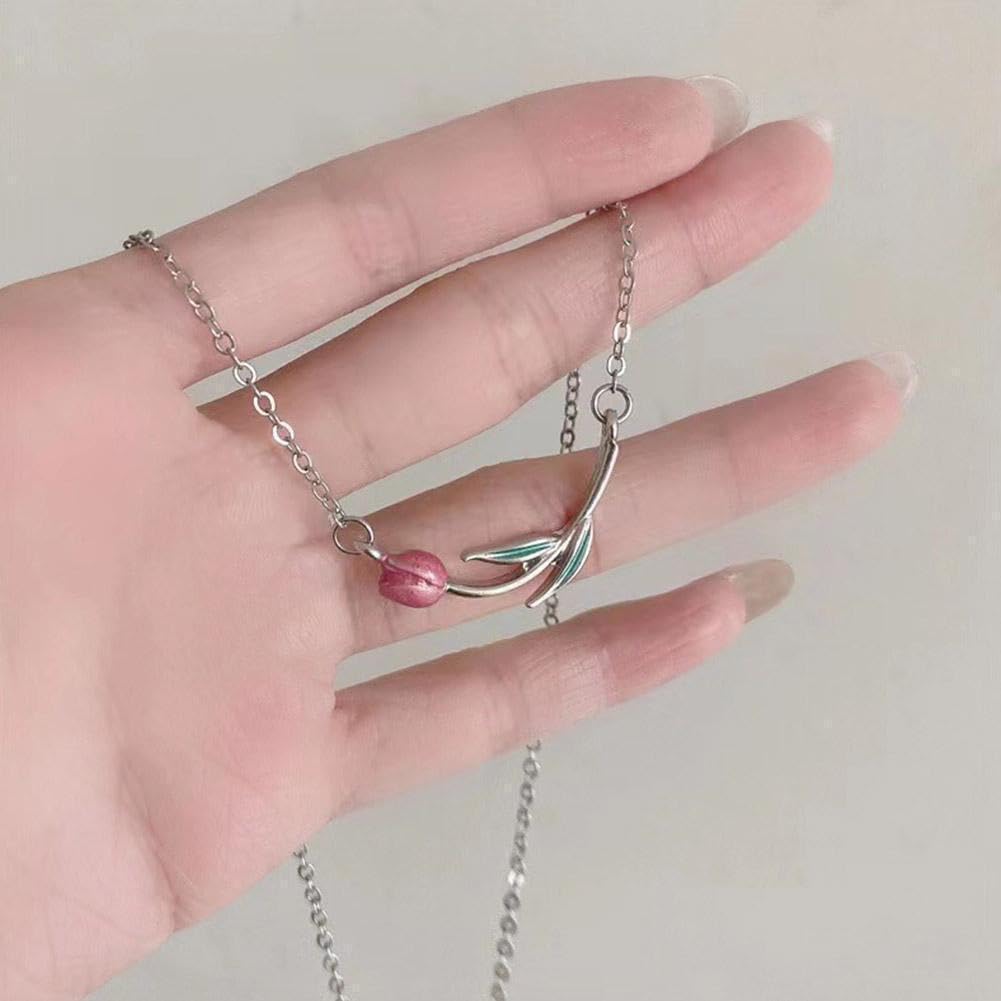 El Regalo Pink Tulip Flower Necklace- Sleek Oil Dripping Tulip Pendant Chain Necklace for Girls & Women