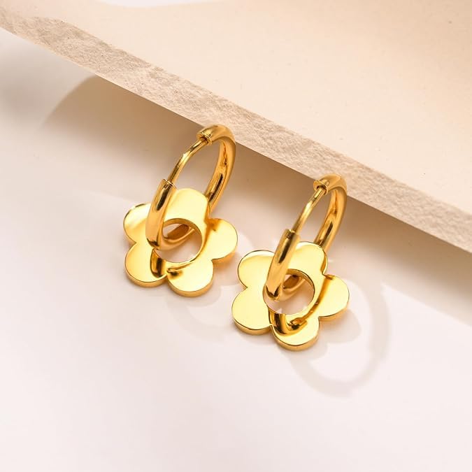 El Regalo Cute Stainless Steel Flower Huggie Hoop Earrings for Girls & Women- Anti-Tarnish, Waterproof Daisy Floral Hoops