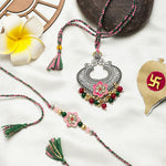 El Regalo Designer Bhaiya- Bhabhi Rakhi Luma/Lumba Set- Kundan, Pearls Rakhi with Roli Chawal in Gift Box- Luma Convertible into Necklace (Option-2)