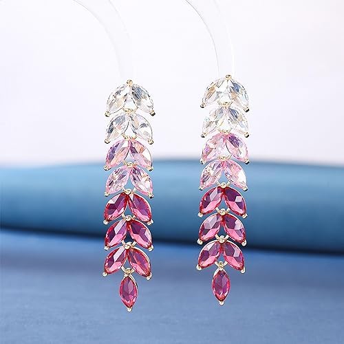 El Regalo Gradient Crystal Long Chandelier Tassel Dangle Earrings - Rhinestone Leaf Drop Statement Earrings for Women, Lightweight, Comfortable, Sparkling Jewelry (Pink)
