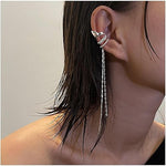 El Regalo Elegant Palace Style Elf Ear Cuff Clip-On Earrings - Non-Piercing Long Tile Tassel Chain Ear Cuff, Western Statement Ear Clips for Women & Teens (Silver)