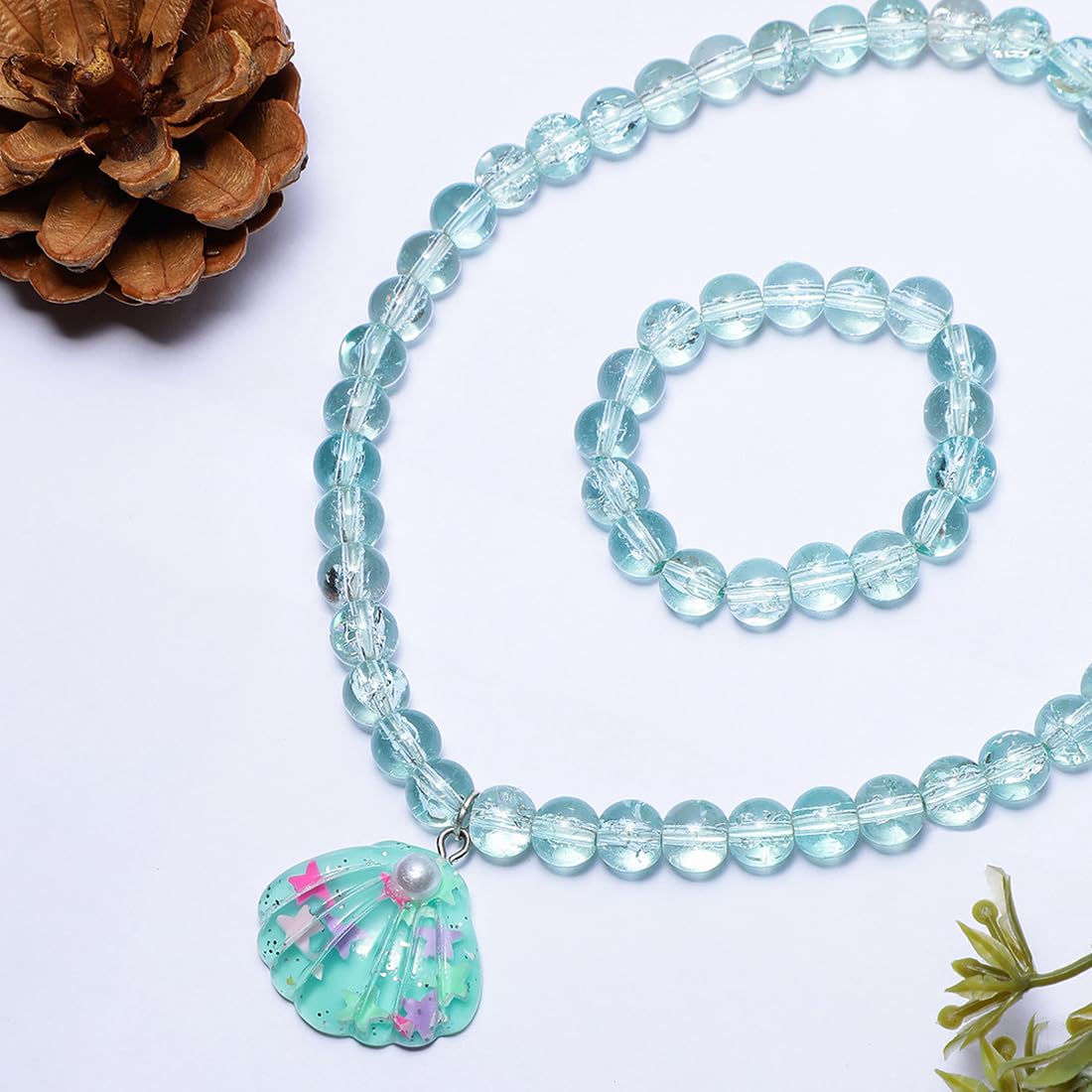 El Regalo 2 PCs Resin Shell Pendant Colorful Sparkly Crackle Beads Pendant Necklace & Bracelet Set for Kids/Girls- Christmas/Birthday Gift for Girls Kids (Ocean Blue)