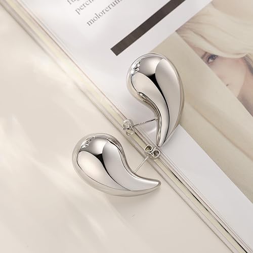 El Regalo 1 Pair Stainless Steel Teardrop/Waterdrop Bold Fashion Statement Earrings- Anti Tarnish, Hypoallergenic Chunky Bottega Earrings (Silver)