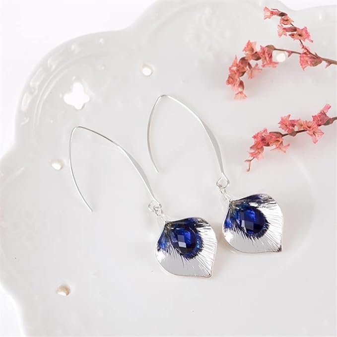 El Regalo Beautiful Orchid Blue Crystal Hook Western Earrings- Classic Long Threader Hook Leaf Dangle Statement Earrings