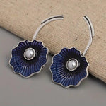 El Regalo Women's & Girl's Gorgeous Roast Blue Pearl Cloisonne Lotus Earrings- Vintage Blue Enamel Lotus Leaf Drop Freshwater Pearl Earrings