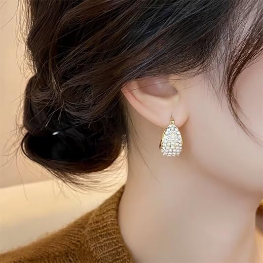 El Regalo Gorgeous U-Shaped Basket Pearls Crystal Earrings- Elegant 14K Gold Plated CZ & Pearls Hoop Party Earrings for Women