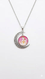 El Regalo Princess Crescent Moon Pendant Necklace for Girls- Enchanted Fairytale Character Jewelry with Filigree Detail, Silver-Tone Chain, Perfect Birthday Return Gift or Party for Toddlers and Kids (Style-4)