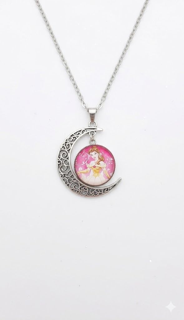 El Regalo Princess Crescent Moon Pendant Necklace for Girls- Enchanted Fairytale Character Jewelry with Filigree Detail, Silver-Tone Chain, Perfect Birthday Return Gift or Party for Toddlers and Kids (Style-4)