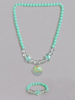 El Regalo 1 Pair Girls Kids Colorful Jewelry Sets | Colorful Princess Star/Mermaid Beaded Necklace & Bracelet Sets, Princess Necklace Bracelet Set for Girls (Grassy Green Shell Jewelry Set)