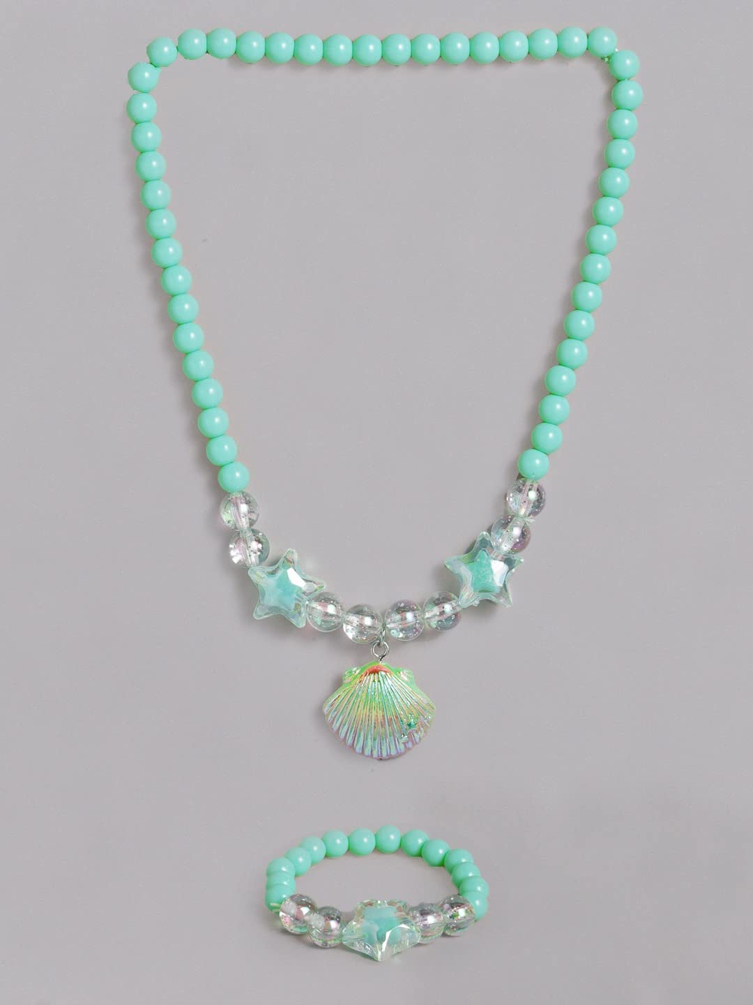 El Regalo 1 Pair Girls Kids Colorful Jewelry Sets | Colorful Princess Star/Mermaid Beaded Necklace & Bracelet Sets, Princess Necklace Bracelet Set for Girls (Grassy Green Shell Jewelry Set)
