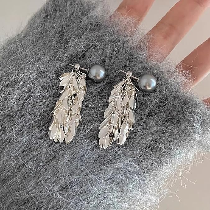 El Regalo Women's & Girl's Elegant Grey Iridescent Pearl Fringe Earrings - 2 Ways Wheat Fringed Ear Jacket Earrings, Lightweight, Versatile Design for Sophisticated Style