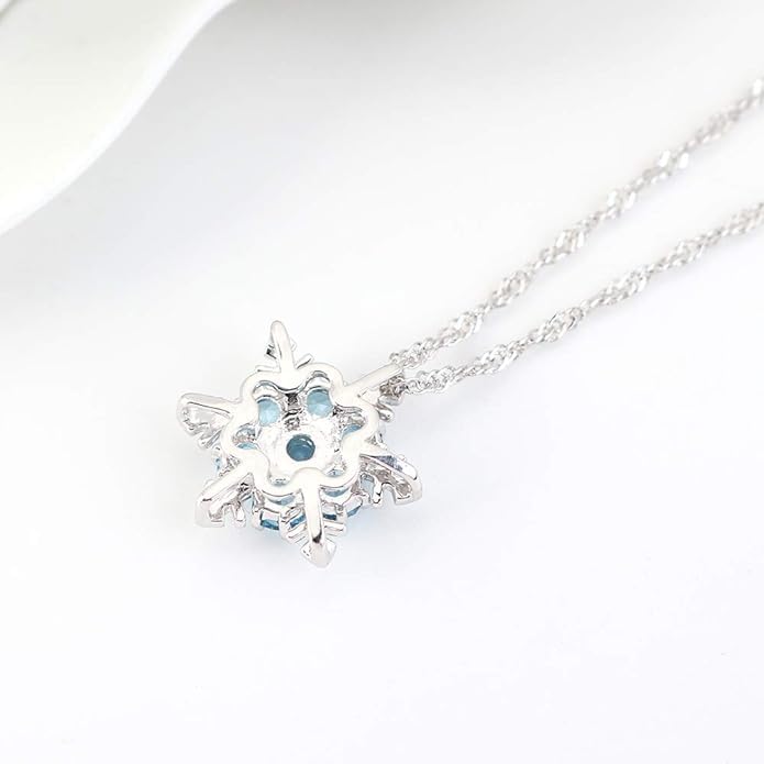 El Regalo Small Snowflakes Inlaid Rhinestones Crystal Pendant Necklace for Girls & Women (Light Blue)