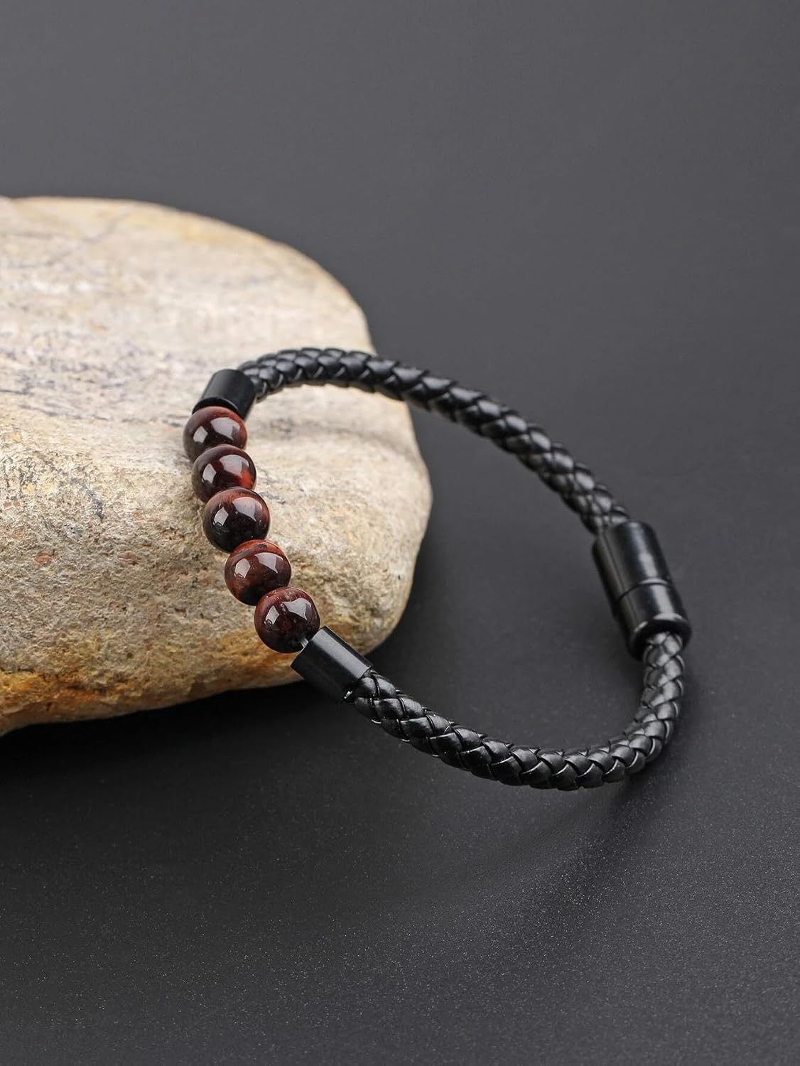 El Regalo 1PC Natural Stone Magnet Buckle Bracelet for Men/Boys, Trendy, Simple, Exclusive Men's Vintage Pu Leather Bracelet (Red Tiger Eye)