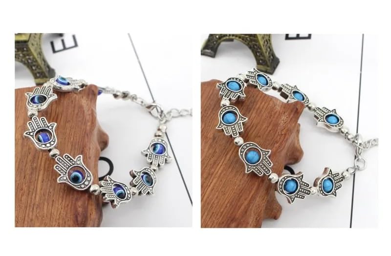 El Regalo Evil Eye Hamsa Hand Turquoise Green Beads Bracelet for Girls & Women- Antique Finish Hamsa Hand Sleek Bracelet (1 Blue + 1 Green beads)
