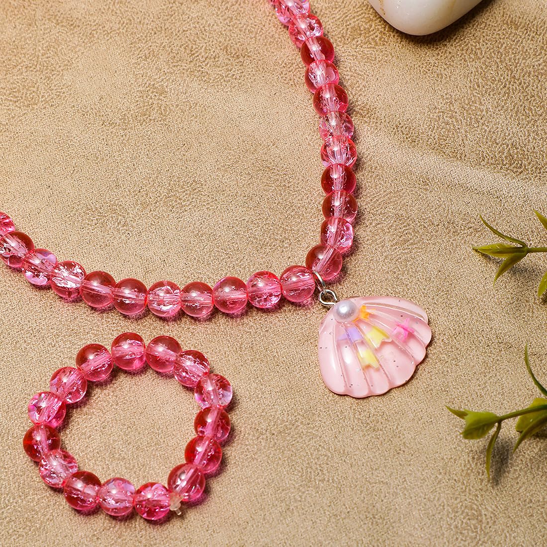 El Regalo 2 PCs Resin Shell Pendant Colorful Sparkly Crackle Beads Pendant Necklace & Bracelet Set for Kids/Girls- Christmas/Birthday Gift for Girls Kids (Pink)