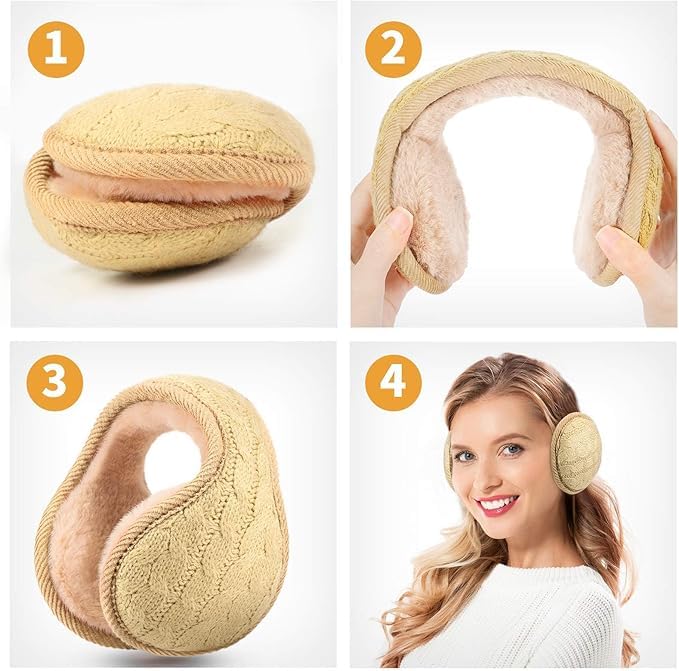 El Regalo 1PC Unisex Warm Knit Earmuffs- Winter Outdoor Fur Earwarmer, Foldable, Adjustable Wrap Ear Warmer for Girls/Boys/Men/Women (Peach Knitted)