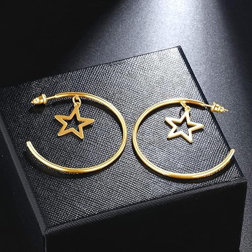 El Regalo Western Stainless Steel Drop Star Hoop Earrings for Women/Girls- Fashion Statement Star Big Circle Open Hoop Party Earrings