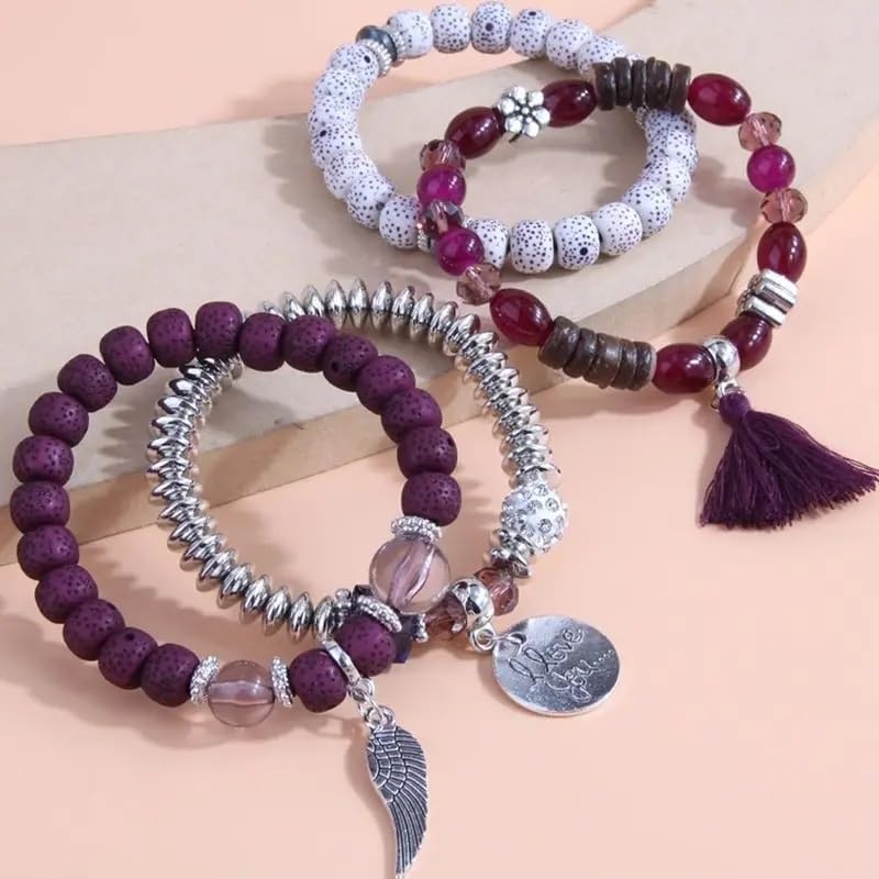 El Regalo 4Pcs/Set Vintage Bohemia Style Wing Beads Tassel Unisex Bracelet - Stackable Multi-layer Modern Charm Bracelets with Wings and I Love You Charms Bracelets (Wine)