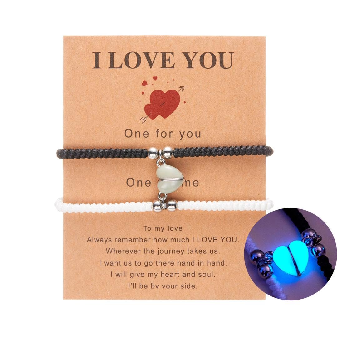 El Regalo 2PCs Luminous Hearts Love Couple Best Friend Hand Woven Adjustable Bracelets Set- BFF Glow in Dark Jewelry (No Tapping) (Black & White)