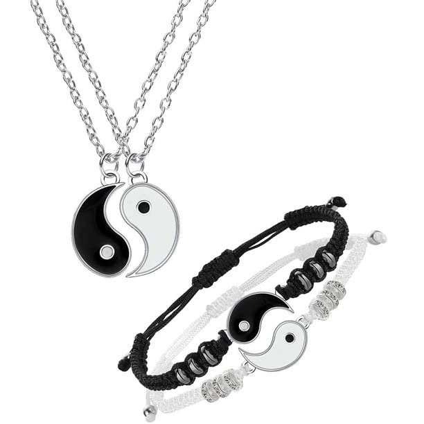El Regalo Unisex 4 Pcs Yin Yang Necklace & Bracelet Set, 2 Pieces Matching Yin Yang Adjustable Cord Bracelet, Couple Pendant Necklace Chain For Friendship Boyfriend Girlfriend- Valentines Day Gift