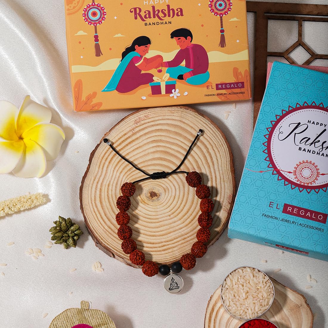 El Regalo 1PC Auspicious Natural Rudraksha & Lava Beads Rakhi for Brother- Designer Rudraksha Beads Rakhi with Roli Chawal, Rakhi Message Card in Rakhi Gift Box (Silver Budhdha)
