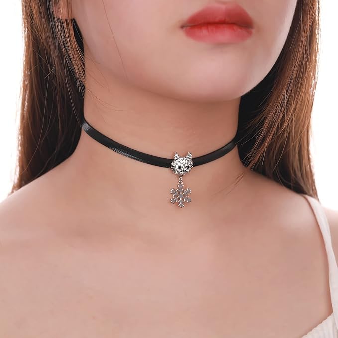 El Regalo Elegant Pendant Choker Necklace for Girls & Women- Stylish CZ Heart, Pearl, Cat, Bee & Flower Pendant Necklace (CZ Cat Snowflake)
