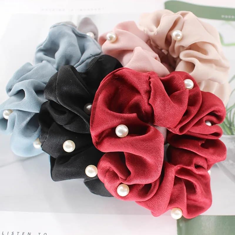 El Regalo 3 PCs Satin Silk Pearls Hair Scrunchies for Women/Girls- No Damage Silk Hair Ties with Delicate Pearls - Soft, Smooth & Shiny Hair Accessories (Color option-2)