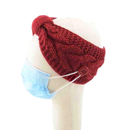 El Regalo 1 PC Knitted Winter Woolen Warm Headband with Buttons for Face Mask Cover | Cold Weather Hair Accessories Head Wrap | Criss Cross Bow Winter Headbands for Girls/Teens/Women (Red)