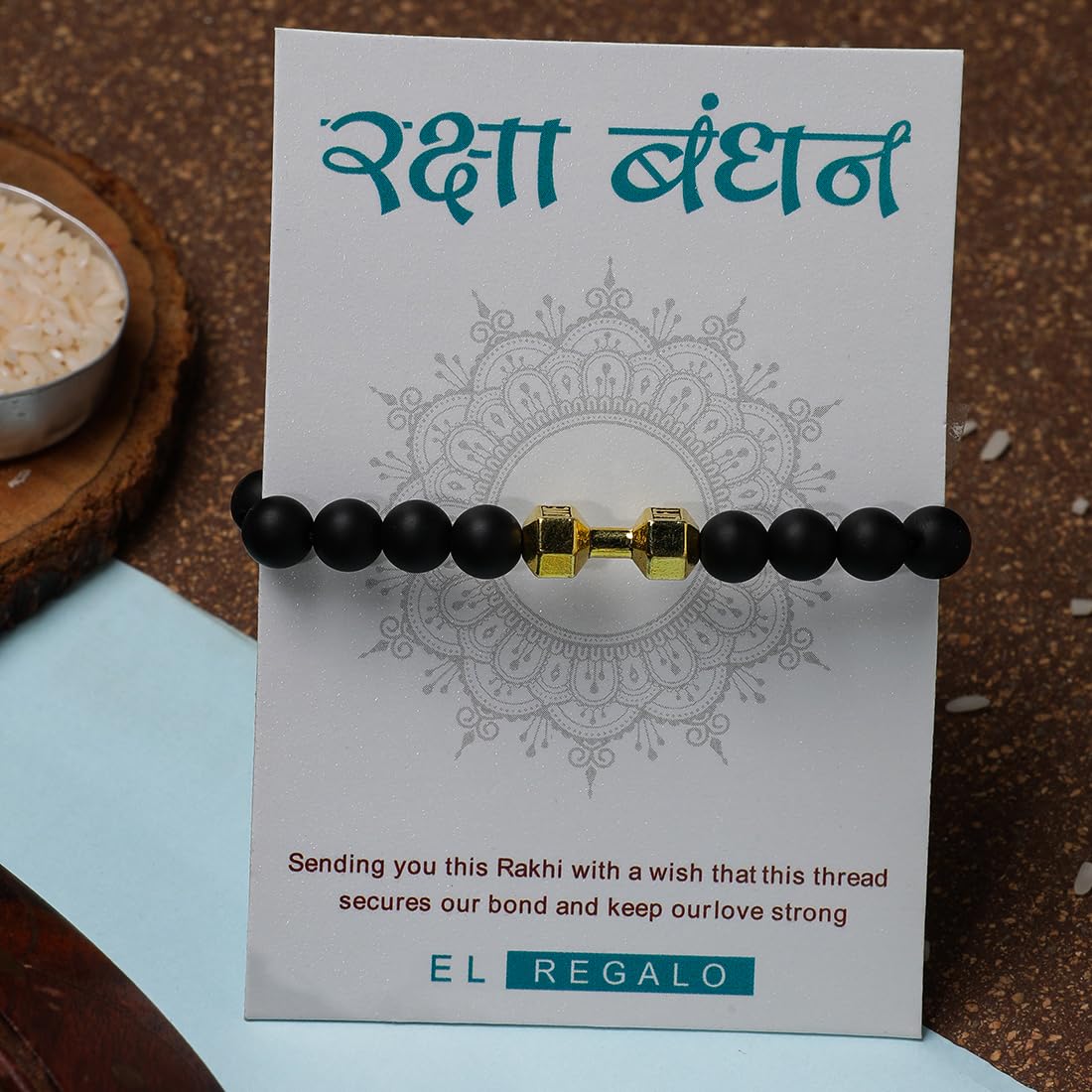 El Regalo 1pc Gymheads Dumbbell Bracelet Rakhi for Gym Lover Brother- Gym Rakhi with Roli Chawal, Rakhi Message Card in Gift Box (Gold)