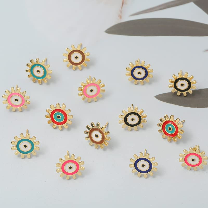 El Regalo 2 Pairs Evil Eye Enameled Post Back Stud Earrings for Girls & Women- Cute & Colorful Turkish Lucky Evil Eye Studs (Evil Eye Studs Option-2)