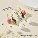 El Regalo Romantic Tulip Summer French Vintage Oil Dropping Flower Pearl Earrings- Light & Luxury Retro Pink Flower Pearl Stud Earrings