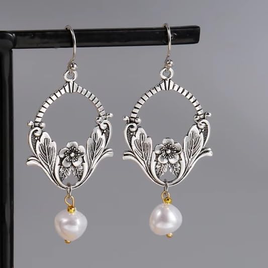 El Regalo Vintage Dainty Flower Pearl Earrings- Exquisite Carving Leaf Flower Earrings for Women