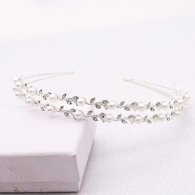 El Regalo Bridal Hair Accessory- Fancy Double-Layered Rhinestone & Pearl Vine Hairband for Girls & Women- Bridal, Bridesmaids HairBand (Silver)