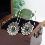 El Regalo Women's & Girl's Vintage Bohemian Style Green Rhinestone Flower Hook Earrings- Elegant Pastoral Style Floral Earrings in Antique Silver Finish