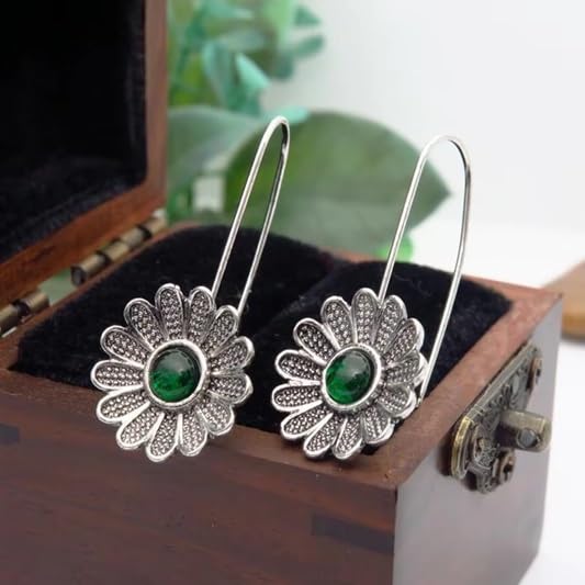 El Regalo Women's & Girl's Vintage Bohemian Style Green Rhinestone Flower Hook Earrings- Elegant Pastoral Style Floral Earrings in Antique Silver Finish