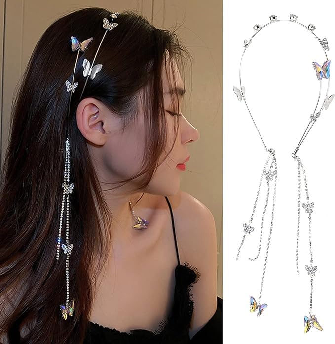 El Regalo Beautiful Rhinestone Butterfly Crystal Tassel Hairband - Sparkling Wedding Butterfly Tiara Headband for Women and Girls, Elegant Bling Bridal Hair Accessory for Special Occasions