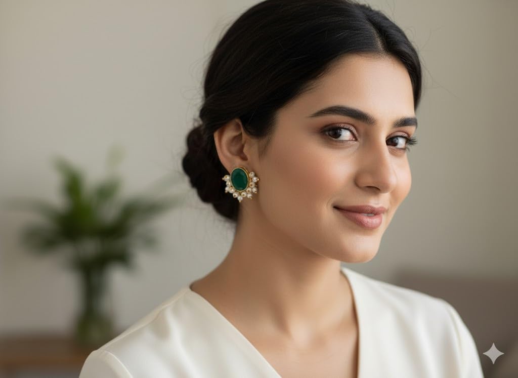 El Regalo Traditional Pearl Cluster Stud Earrings for Women & Girls | Gold-Plated Red & Green Oval Stone Earrings with Pearls | Festive, Wedding & Ethnic Jewelry (Green)