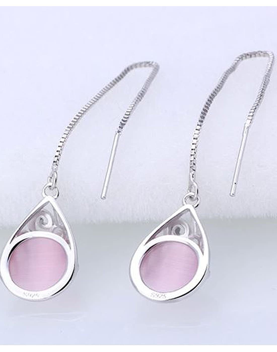 El Regalo Modern Opal Cat's Eye Drop Threader Earrings for Girls & Women - Perfect Valentines Day Gift for Her (Pink Threader)