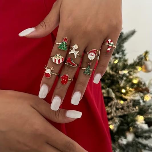 El Regalo 12 Pcs Christmas Adjustable Rings Set for Kids/Girls/Teens/Women | Cute Xmas Party Favour Rings with Heart Gift Box | Santa, Reindeer, Christmas Tree, Snowman, Candy Cane, Wreath Designs
