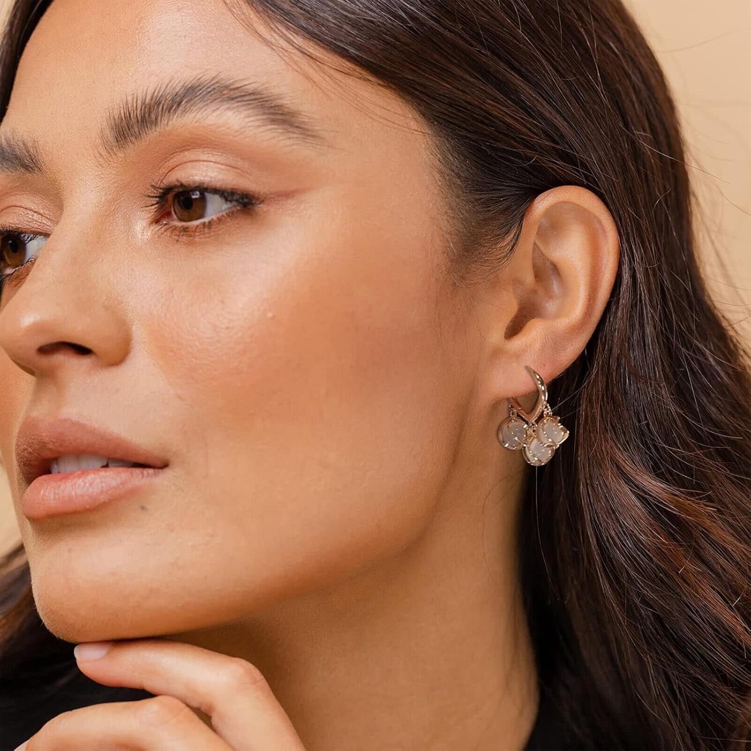 El Regalo 3 Moonstone Dangle Hoop Earrings- Love Ear Buckle Temperament Spiral Beads Hypoellergenic Hoop Earrings