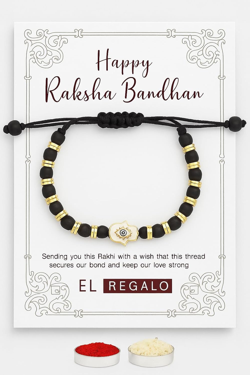 El Regalo Elegant Evil Eye/Hamsa Hand Rakhi for Brother- Beautiful Bracelet Rakhi for Bhai with Roli Chanwal, Message Card in Rakshabandhan Box (Hamsa Hand)