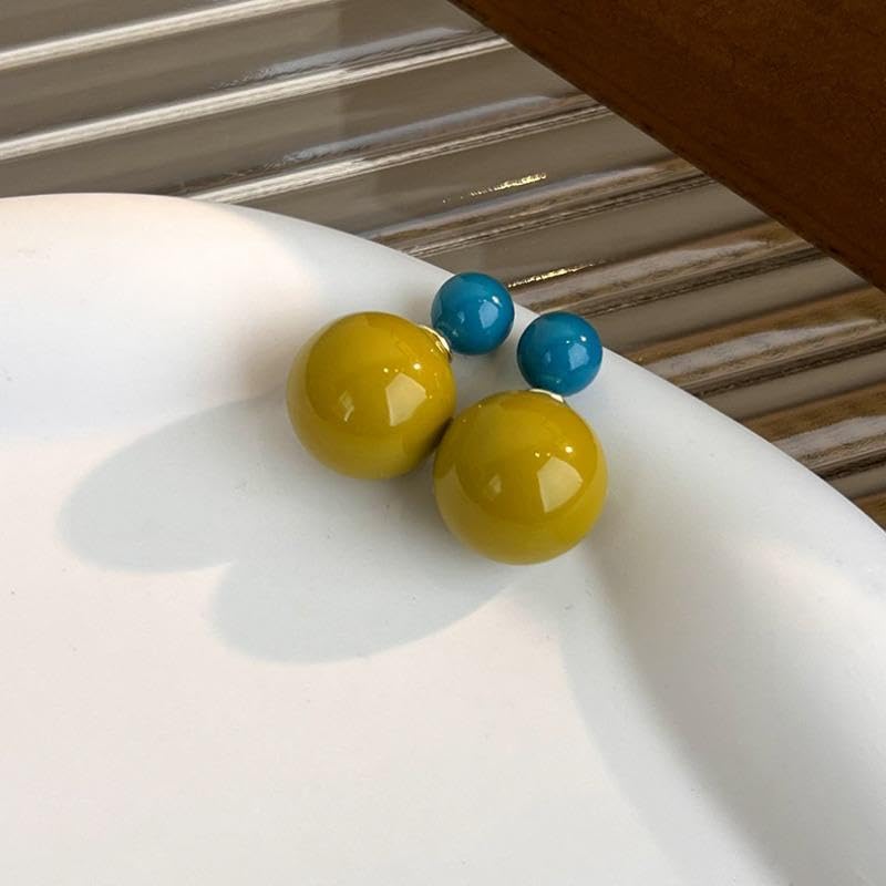 El Regalo 1 Pair Candy Colors 2 Way Beads Earrings- Front-Back Color Clossy Beads Contemporary Earrings for Girls & Women (Musturd Blue)