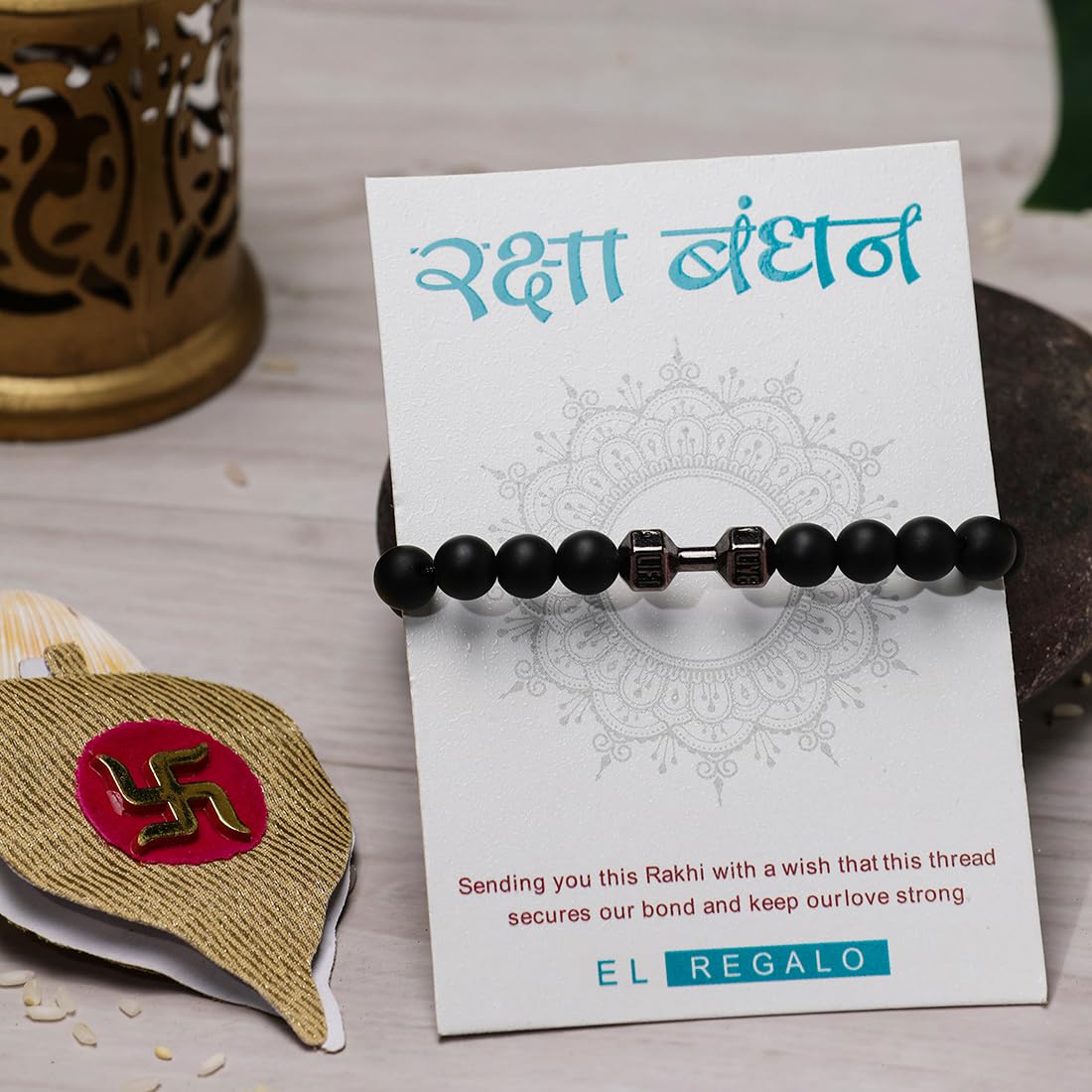 El Regalo 1pc Gymheads Dumbbell Bracelet Rakhi for Gym Lover Brother- Gym Rakhi with Roli Chawal, Rakhi Message Card in Gift Box (Black)