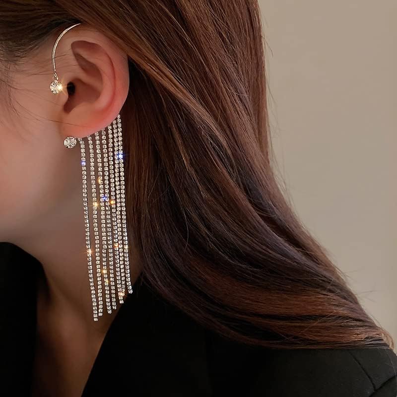 El Regalo 1 Pair Shining Long Tassel Earcuff Climber Earring- Contemporary Ear Cuff Wrap, No Piercing Ear Climber Earring for Girls & Women (Silver)