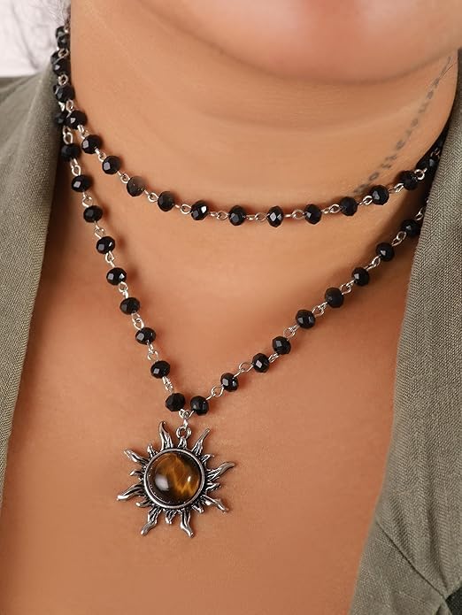 El Regalo Gothic Black Bead Sun Pendant Choker Necklace for Women & Girls - Vintage Goth Boho Jewelry | Statement Sun Charm Beaded Necklace for Party, Festival, Casual (Brown Tiger Eye)
