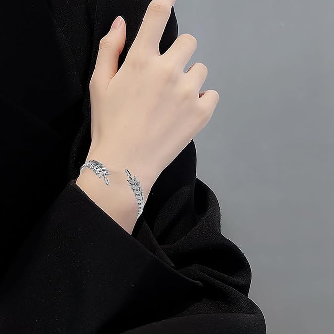 El Regalo Stainless Steel Olive Leaves Open Cuff Bracelet for Women- Anti Tarnish/Waterproof Western Vintage Style Bracelets (Silver)