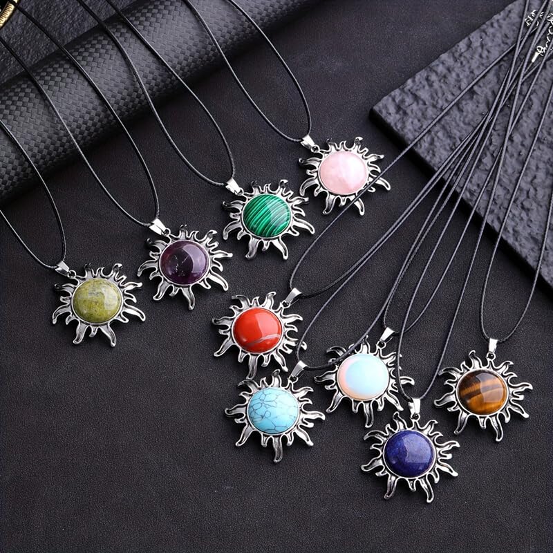 El Regalo Vintage Style Natural Stones Gothic Sun Pendant Unisex Necklace (Rose Quartz- Pink)