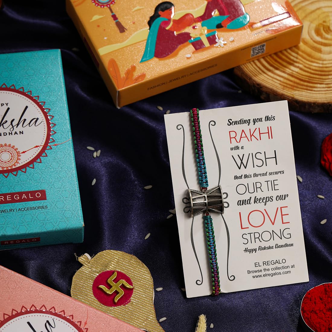 El Regalo Auspicious Shiva Damroo Mauli Thread Rakhi for Brother- Antique Damru Rakhi with Roli Chawal Shagun, Message Card in Rakshabandhan Gift Box (Multi Blue)