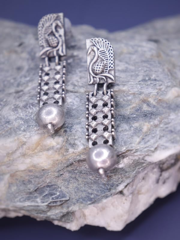 El Regalo Womens Silver Lookalike Brass Oxidised Peacock Studs Earrings- Indo Western Peacock Oxidized Earrings